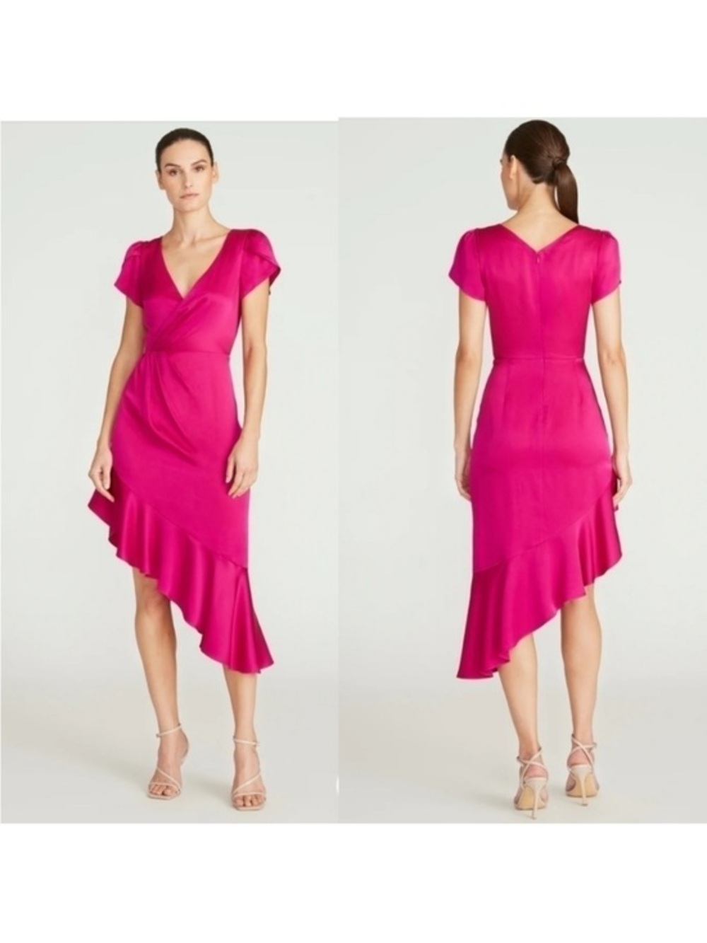 New Theia Lisette Ruffled Cocktail Midi Dress Soft Dahlia Fuchsia Pink Medium